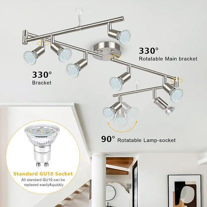 Unicozin LED Track Lighting Kit, 54.13'' Matt Nickel 8 Way Ceiling Spot Lighting, Flexibly Rotatable Light Head, Modern Track Light Included 8 x LED GU10 Bulb (4W, Daylight White, 400LM)