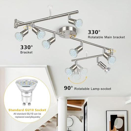 Unicozin LED Track Lighting Kit, 54.13'' Matt Nickel 8 Way Ceiling Spot Lighting, Flexibly Rotatable Light Head, Modern Track Light Included 8 x LED GU10 Bulb (4W, Daylight White, 400LM)