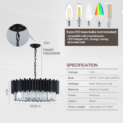 Modern Black Crystal Chandelier 24" Round Chandeliers 8-Lights Ceiling Pendant Light Fixtures 5 Tiers for Dining Room Living Room Bedroom Foyer Entryway