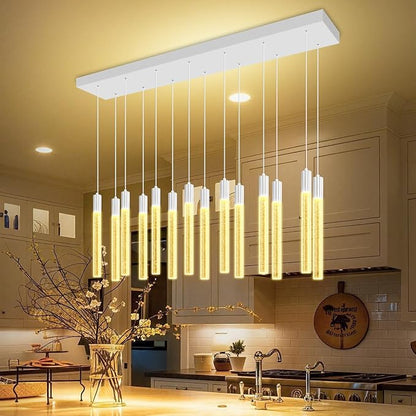 Modern Rectangular Crystal Chandelier 14-Light Silver LED Crystal Column Chandelier for Staircase, Living Room, Foyer, Hallway
