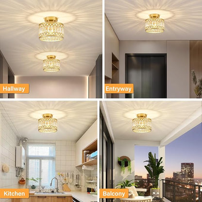 YURNYQ Crystal Ceiling Light Fixture, Modern Semi Flush Mount Ceiling Light, Gold Lighting Fixtures Ceiling Lamp for Hallway, Kitchen, Entryway, Bedroom, Laundry Room, 9.05 Inch