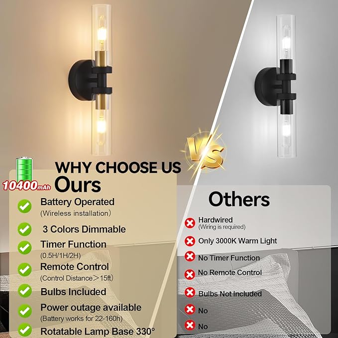 Battery Operated Wall Sconces Set of 2, 330° Rotation 3000K-6000K Dimmable Wireless Wall Sconce with Clear Glass Black Gold 10400mAh USB Rechargeable Wall Lights with Remote Bulbs Included 2 Pack