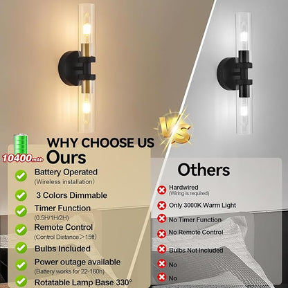 Battery Operated Wall Sconces Set of 2, 330° Rotation 3000K-6000K Dimmable Wireless Wall Sconce with Clear Glass Black Gold 10400mAh USB Rechargeable Wall Lights with Remote Bulbs Included 2 Pack
