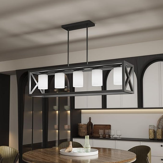 Black White Dining Room Light Fixture - 5 Light Rectangle Light Fixtures with Milk White Glass Shade & Adjustable Height & Thickened Metal Dining Table Lights Fixture Chandeliers for DiningRoom