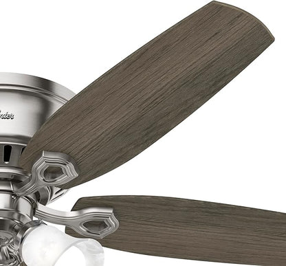 Hunter 52 inch Indoor Ceiling Fan with LED Lights - Ceiling Fan with Pull Chain, For Bedroom, Living Room, or Kitchen, Low Profile Flush Mount, No Remote, 5 Blades - Builder 51112, Brushed Nickel
