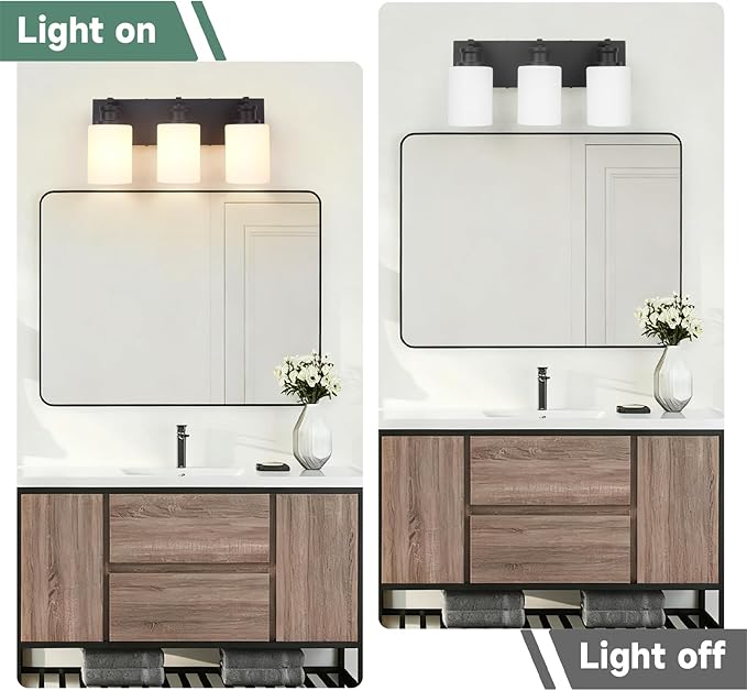Bathroom Vanity Light, Modern 3 Light Bathroom Light Fixture Over Mirror with White Glass Shade, Black Vanity Lights for Bathroom, E26 Base, 16.5 inch (Bulbs Not Included)