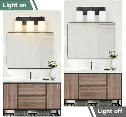 Bathroom Vanity Light, Modern 3 Light Bathroom Light Fixture Over Mirror with White Glass Shade, Black Vanity Lights for Bathroom, E26 Base, 16.5 inch (Bulbs Not Included)