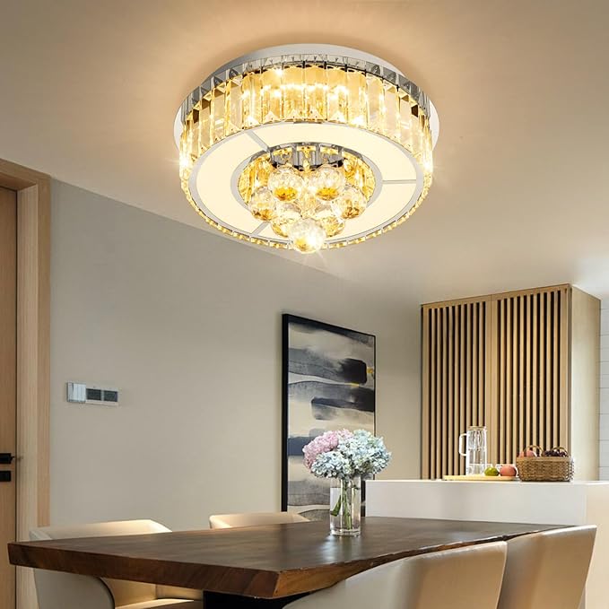 11.8" Silver Modern Crystal Chandeliers for Dining Room LED Dimmable Light Fixtures Flush Mount Light Living Room Bedrooms
