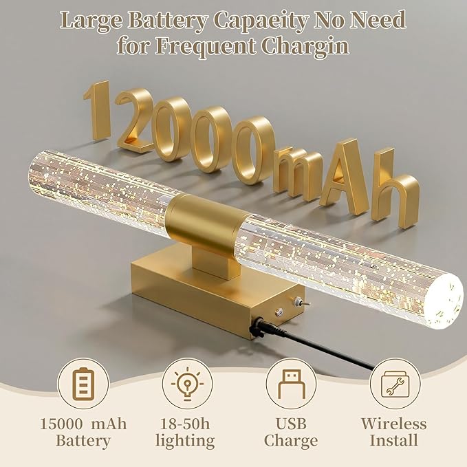 camuucci Battery Operated Wall Sconces Set of 2 Rechargeable Battery Powered Wall Light with 12000mAh Not Hardwired Dimmable Wall Lamp Fixtures for Bedroom Living Room Gold 20.9 Inches