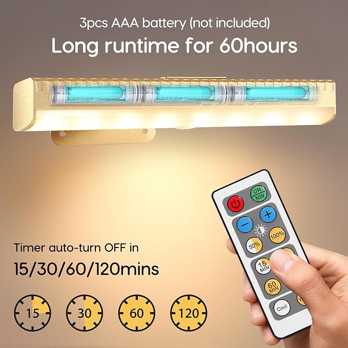 2Pcs Picture Light for Wall Dimmable,Remote Painting Light with Timer,Art Display Lighting with 3 Color, Battery Operated Led Accent Lights for Poster Frame Gallery Portrait Artwork-Gold