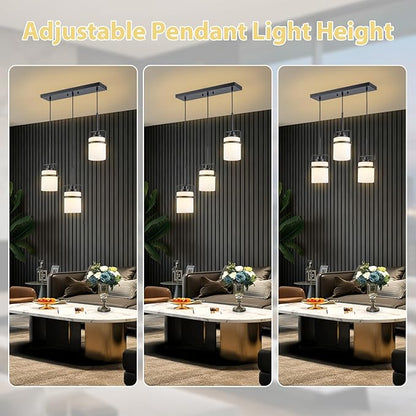Black 3-Light Pendant Lighting, Adjustable Hanging Light Fixture with Milk Glass Shade, Modern Pendant Light for Kitchen Island Dining Room Bar Over Sink/Table/Counter