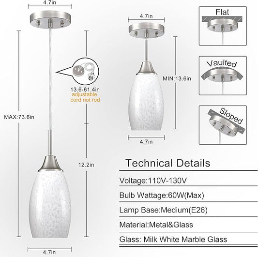 Viinew Mini Glass Pendant Light 4.72" with Handblown Milk White Marble Art Glass Hanging Light 1-Pack Oval Ceiling Hanging Light Fixture for Dining Room Kitchen Island Cafe Foyer Hallway