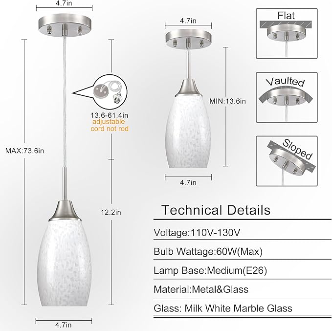 Viinew Mini Glass Pendant Light 4.72" with Handblown Milk White Marble Art Glass Hanging Light 3-Pack Oval Ceiling Hanging Light Fixture for Dining Room Kitchen Island Cafe Foyer Hallway