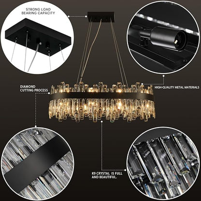 Weesalife Black Crystal Chandeliers for Dining Room Lights Fixtures Over Table, 16 Lights Modern Rectangle 2-Tier Chandeliers for Kitchen Island Bar L32 Inch