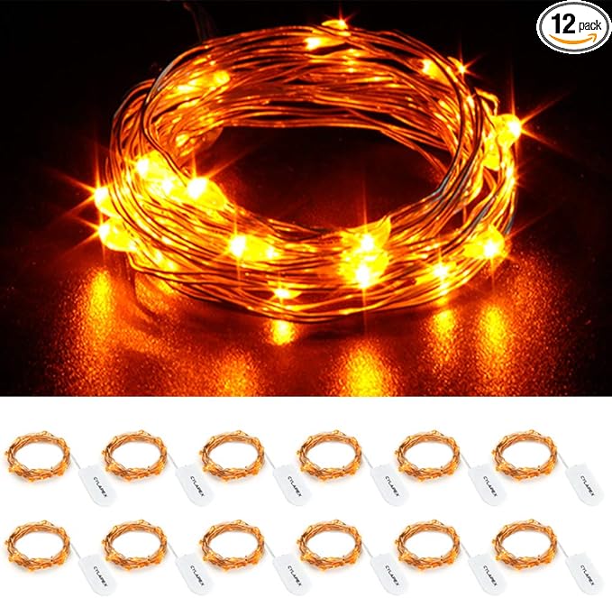 CYLAPEX 12 Pack Fairy Lights Battery Operated 7ft 20 LED Mini String Lights Silver Wire Firefly Starry Moon Twinkle Lights for Wedding Mason Jars Party Christmas Centerpiece Table Decorations, Orange