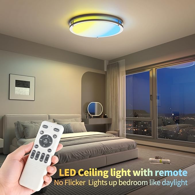 Kalium Ceiling Lights Flush Mount with Remote: LED Silver Ceiling Lighting 8 Modes Dimmable Color, Adjustable Temperature for Bedroom, Living Room, Kitchen (16 Inch)