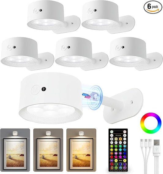 Picture Lights for Wall, 2000mAh Rechargeable Magnetic Art Lights with 3 Color Temps & RGB, Remote Dimmable Battery Operated Wall Light for Bedroom, Living Room, Gallery (White, 6 Pack)