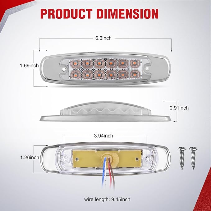 Nilight 20 Pack 6.3 Inch Rectangle Amber Side Marker Lights White Lens 12 LED 3 Functions (High/Low/Strobe) IP67 Waterproof Stainless Steel Chrome Bezel 12V Surface Mount for Truck Trailer RV Boat