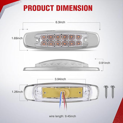 Nilight 20 Pack 6.3 Inch Rectangle Amber Side Marker Lights White Lens 12 LED 3 Functions (High/Low/Strobe) IP67 Waterproof Stainless Steel Chrome Bezel 12V Surface Mount for Truck Trailer RV Boat