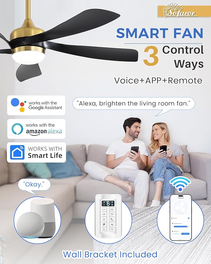 Sofucor 52" Smart Ceiling Fan, Indoor/Outdoor Ceiling Fans with Lights and Remote, Compatible with Alexa/Google/App, 3-Color Light 6-Speed Timing Reversible DC Motor for Bedroom Living Room Patio