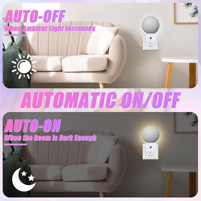 Golf Ball Night Light Sport Ball Night Lights LED Lamp Round Plug into Wall Nightlight with Dusk to Dawn Sensor Home Hallway Stairway Kitchen Decor