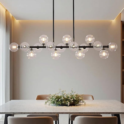Large Linear Chandeliers for Dining Room Kitchen Island, 55" Long Light Fixture Over Table, 16-Light Modern Glass Globe Sputnik Farmhouse Chandelier, Black and Clear Bubble, GC-08