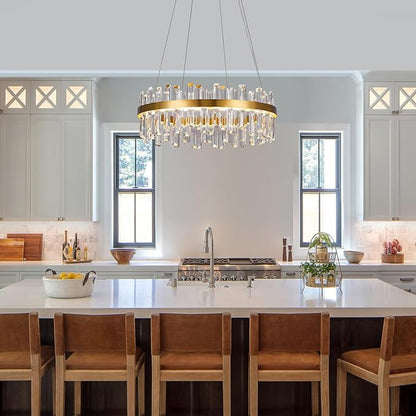 Modern Gold Crystal Led Chandelier: 23.6" Round 3 Color Dimmable K9 Luxury Crystals Chandeliers for Dining Room Lights over Table - Elegant Contemporary Living Room Bedroom Kitchen Light with Remote