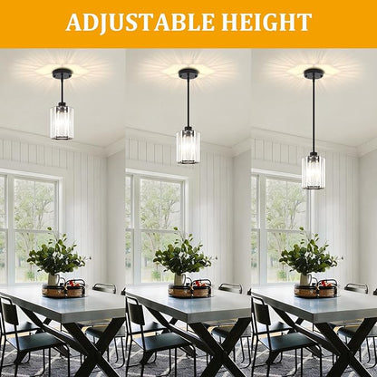 2-Pack Black Pendant Lights Kitchen Island Modern Crystal Hanging Pendant Light Hexagonal Mini Chandelier Adjustable Hanging Kitchen Lights for Dining Room Hallway Bedroom Entryway Light Fixtures