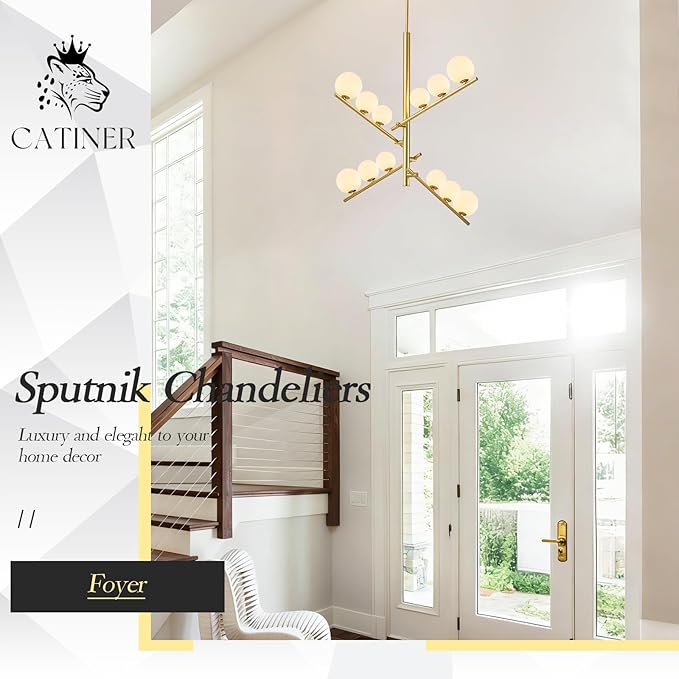 CATINER 12 Lights Gold Sputnik Chandeliers L36”Mid Century Ceiling Pendant Lighting with Milk Glass Globe Shades Modern Chandelier for High Ceiling Foyer Living Room Dining Room