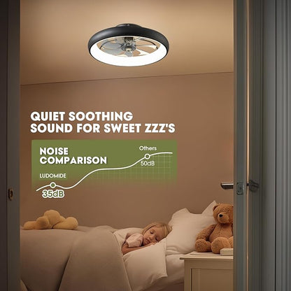 Ceiling Fans with Lights and Remote, 20'' Low Profile Flush Mount, 6 Wind Speeds, Modern Dimmable LED Ceiling Fan, Smart Ceiling Fan for Bedroom, Kids Room (Black)