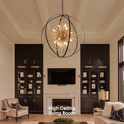 31.5" Black Gold Large Globe Sputnik Chandelier, 16-Light Mid Century Modern Industrial Starburst Golden Metal Satellite Light Fixture for High Ceiling Living Room Dining Room Foyer, E12