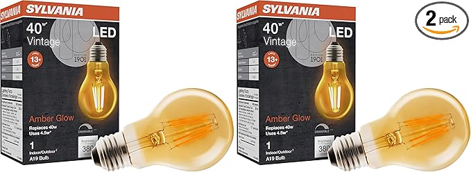 Sylvania A19 LED Vintage Light Bulb, 40W Equivalent Efficient 4.5W, 13 Year, 380 Lumens, Dimmable, Amber Glow - 2 Pack (75347)