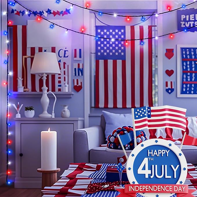4th of July 95FT 240LED Red White and Blue String Lights, Extra-Long Connectable Led Twinkle Lights Waterproof with 8 Modes Memory, Independence Day Decoration