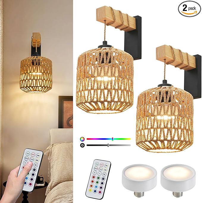 Boho Battery Operated Wall Sconce Set of Two, Rattan Rechargeable Wall Sconces with Remote,Wireless Sconces Set of 2 for Bedroom,Living Room,Entryway 15 Colors Dimmable-Black