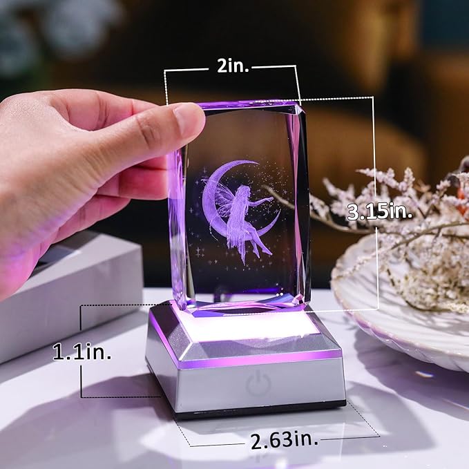 3D Crystal Cube Fairy Night Light Room Decor Paperweight Figurine Statue Gifts for Adults Girls - Engraved Glass Collectible Ornament Gifts for Fairy Lovers