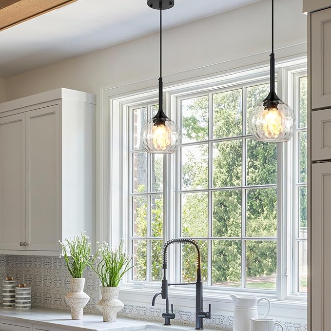 Glass Pendant Lights Kitchen Island: 5.91'' 1-Light Hammered Glass Pendant Light with Black Finish - Modern Minimalist Hanging Light Fixture for Kitchen Sink Dining Room Bathroom- E26 Base