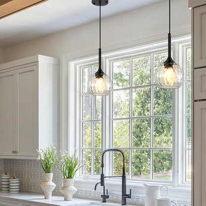 Glass Pendant Lights Kitchen Island: 5.91'' 1-Light Hammered Glass Pendant Light with Black Finish - Modern Minimalist Hanging Light Fixture for Kitchen Sink Dining Room Bathroom- E26 Base