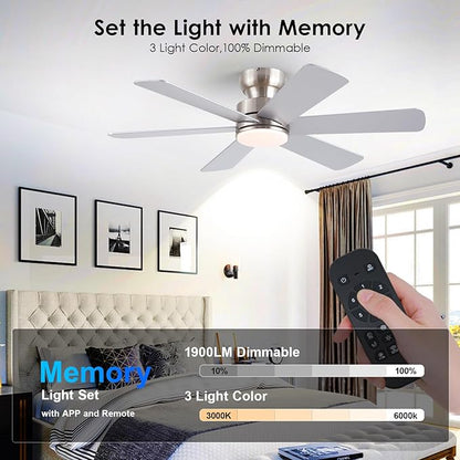 BayDay Ceiling Fans with Lights, Ceiling Fan with Remote APP, Dual-Sided Modern/Rustic, Reversible, 3CCT, Flush Mount Low Profile Ceiling Fan with Lights Bedroom Kitchen Indoor (Nickel, 46 inch)