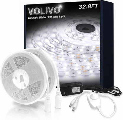 VOLIVO White LED Strip, 32.8ft Dimmable LED Strip 6500K Bright Daylight White, Strong Adhesive, Flexible Tape Light for Mirror, Kitchen Cabinets, Bedroom