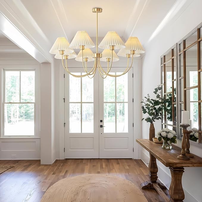 KCO Lighting Brushed Brass Sputnik Chandelier Gold Metal Chandelier with White Pleated Fabric Shades 8-Lights Ceiling Chandelier Light Fixture Mid Century Modern Chandelier