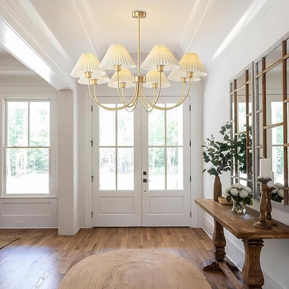 KCO Lighting Brushed Brass Sputnik Chandelier Gold Metal Chandelier with White Pleated Fabric Shades 8-Lights Ceiling Chandelier Light Fixture Mid Century Modern Chandelier