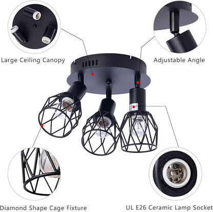 Industrial Semi Flush Mount Ceiling Light, 3-Light Multi-Directional Ceiling Light Fixtures, Vintage Black Metal Wire Cage Farmhouse Pendant Lighting for Kitchen Dining Room Hallway Foyer Bedroom E26