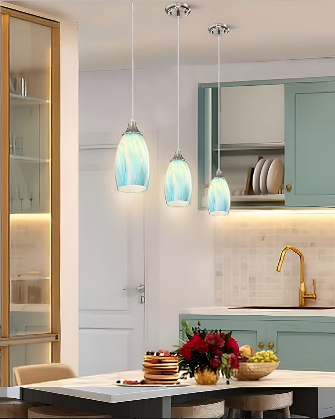 karyfine Mini Pendant Light,Handcrafted Art Glass Pendant Lighting Shade with Brushed Nickel Finished Teal Glass Ceiling Hanging lamp Adjustable Cord for Kitchen Island,Hallway,Dining Room