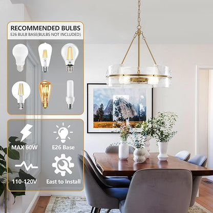 Modern Chandelier for Dining Room, 22" Gold Glass Chandelier, Large Farmhouse Round Chandelier for Dining Room, Foyer, Bedroom, Hallway, Entryway
