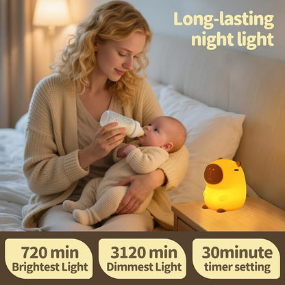 Capybara Night Light Squishy, 50Hrs Nursery Night Light, Touch Control 2 Brightness, 30Min Auto-Off, Rechargeable Bedside Lamp for Baby Kids, [Mothers Day Gifts]