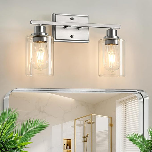 Unicozin 2 Light Bathroom Light Fixtures, Modern Vanity Lights Over Mirror, Brushed Nickel Wall Lamp with Clear Glass for Living Room Cabinet Bedroom Porch
