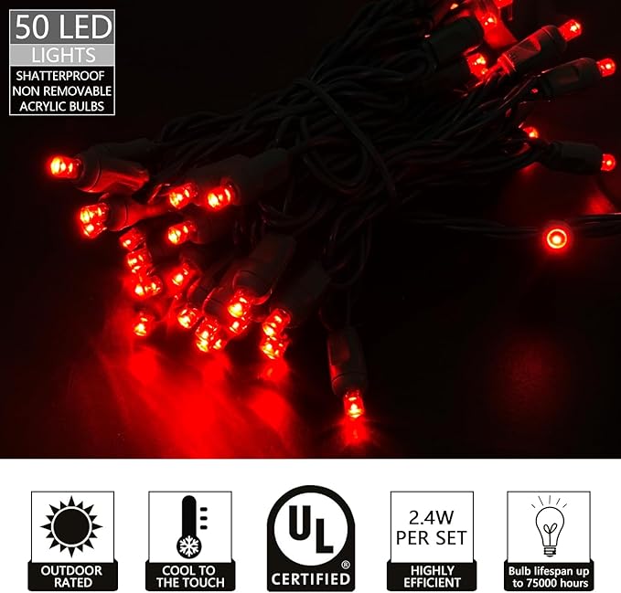UL Listed 50 Count Dimmable 5MM Wide Angle Led Christmas Light Set,Outdoor Mini Led String Light for Outdoor Garden Patio Trees Lighting Decoration,17 Feet Green Wire (Red Color)