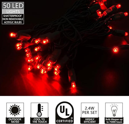 UL Listed 50 Count Dimmable 5MM Wide Angle Led Christmas Light Set,Outdoor Mini Led String Light for Outdoor Garden Patio Trees Lighting Decoration,17 Feet Green Wire (Red Color)