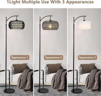 ZECOXOL Arc Floor Lamp with 3 Color Temperatures,Black Floor Lamp with Remote Control, Boho Standing Lamp with Rattan Wicker Shades, Farmhouse Tall Pole Lamp for Living Room Bedroom