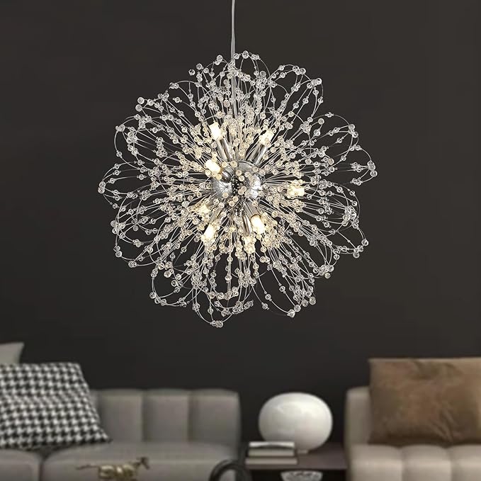 Modern Crystal Chandeliers, 9-Light Chandelier Firework Chrome Pendant Lights, Crystal Sputnik Hanging Ceiling Light Fixture for Dining Room, Bedroom, Living Room